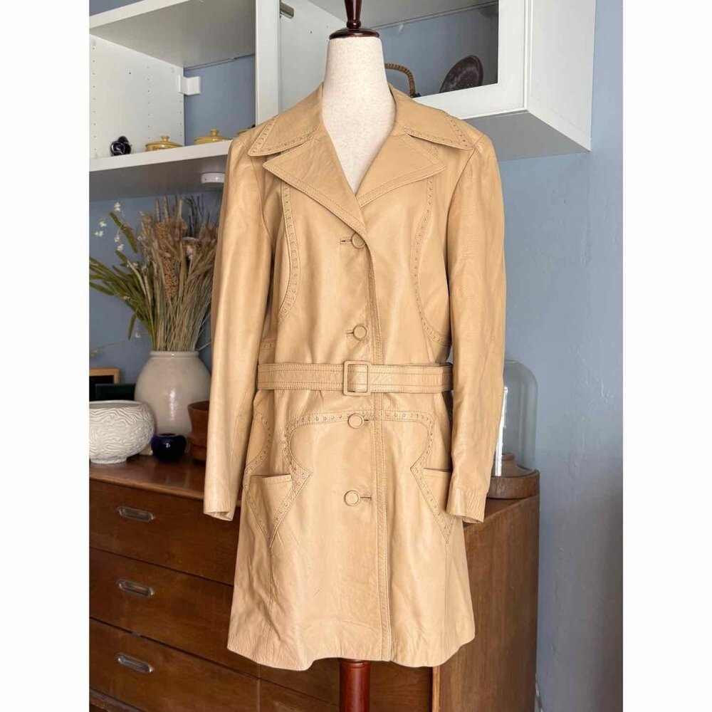 Vtg 70s Leda Spain By Gropper Leather Coat Jacket Size M/L Belted Groovy Beige